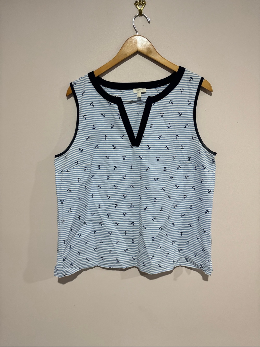 Talbots Sleeveless Blue & White Anchor Striped Linen Top Large